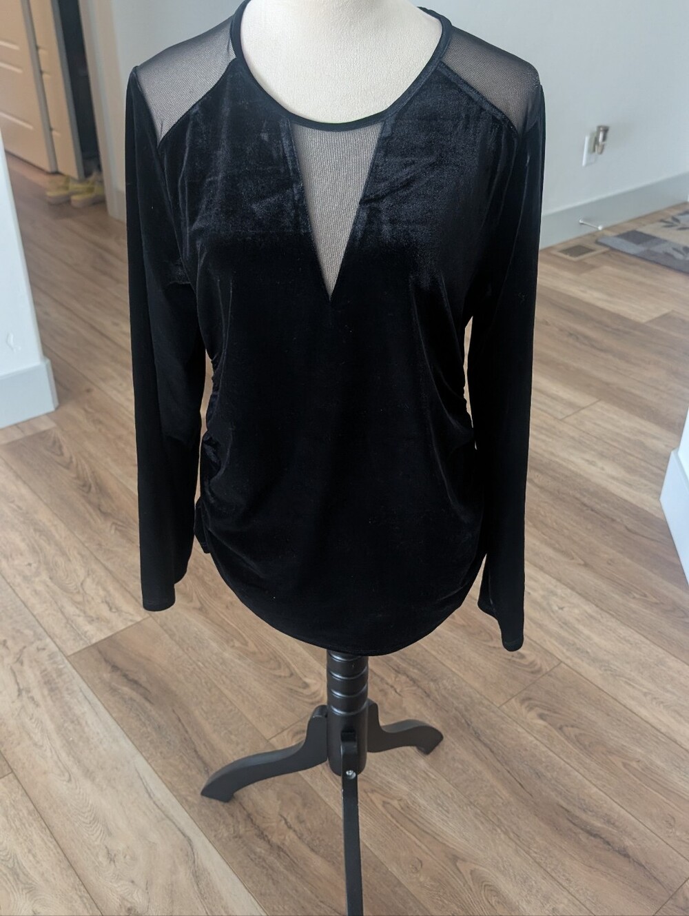 DKNY Black Velvet Long Sleeve Top with Sheer Mesh Insets